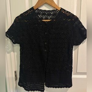 Women’s Black Crochet Short-Sleeve Button Cardigan